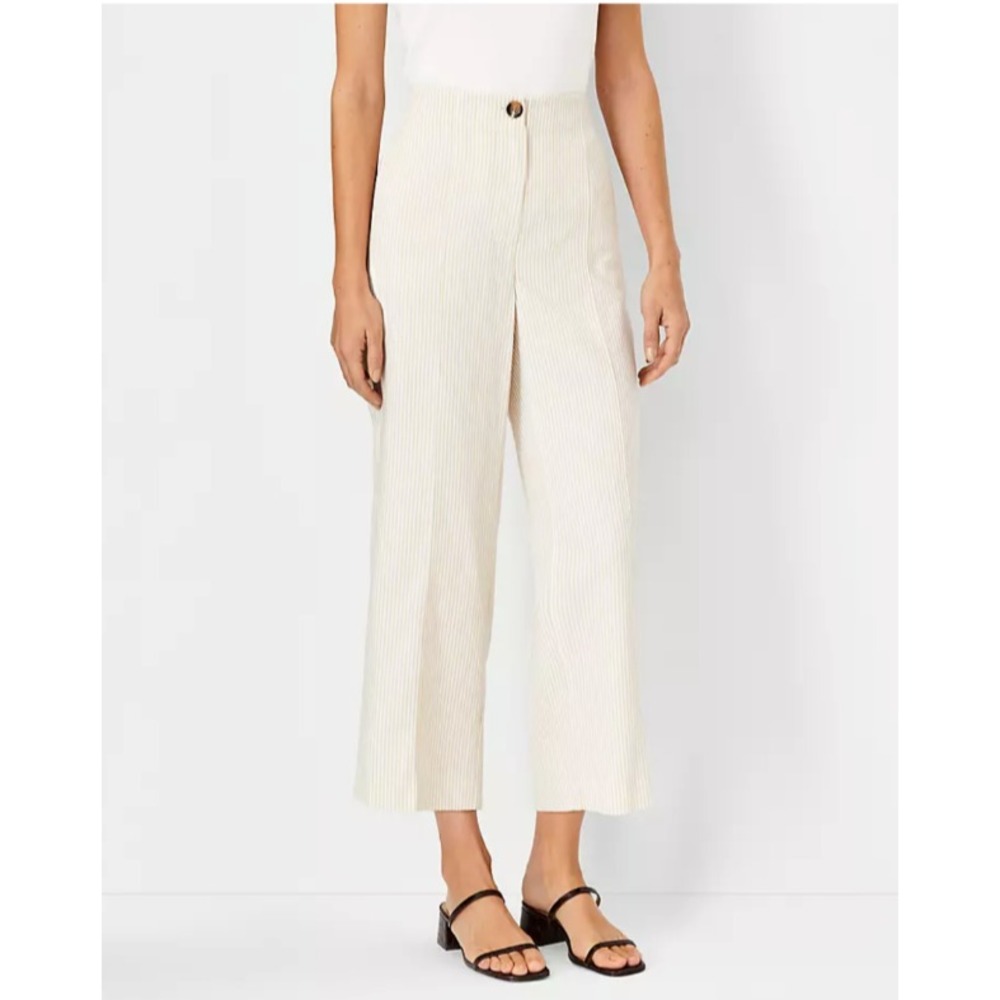 Ann Taylor The Seamed Straight Crop Pant Beige Stripe Sz 14 High Rise Office